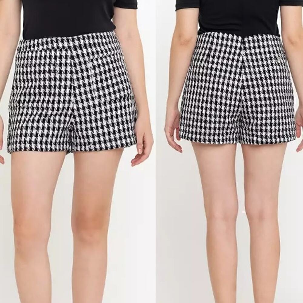 NWT Zara Wonderland Kerry Tweed High Waist Houndstooth Shorts Black Women Size M